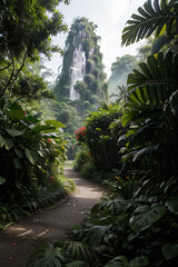Lush Tropical Path Leading to a WaterfallCovered Mountain