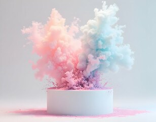 Colorful powder explosion with pink and blue hues on white platform background
