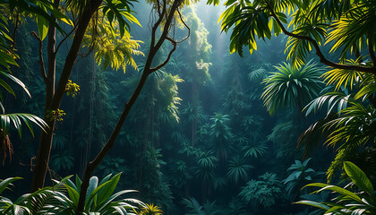 Lush Tropical Rainforest Canopy with Sunlight Streaming Through Dense Foliage