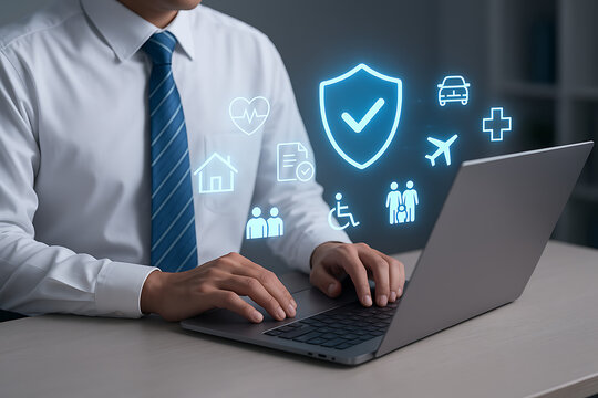 Businessman working on laptop with digital icons of insurance protection including house health car plane and disability showing data safety and client services