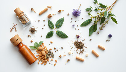 Natural remedies composition with wooden bottles seeds leaves and flowers