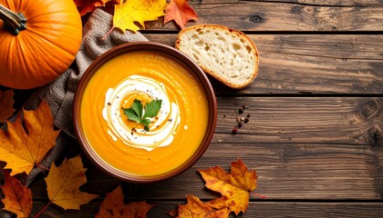 Warm autumn pumpkin soup with sourdough and rustic decor, a cozy concept seasonal food styling