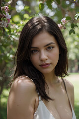 Portrait of a young woman with dark hair in nature