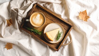 Warm neutral latte and cheesecake on rustic wooden tray, a cozy concept autumn dessert and drink styling