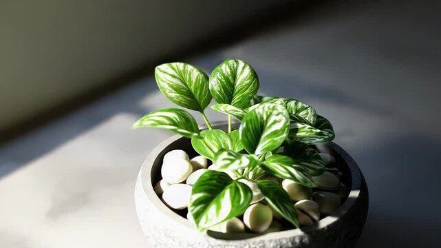 Lush green plant thriving in modern pot with decorative stones