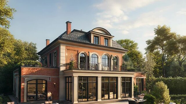 Luxurious brick mansion with swimming pool and garden during sunset