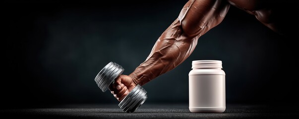 Image of a white whey protein can next to a bodybuilder's arm