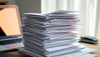 Stack of White Paper Sheets with Laptop and Pen