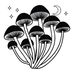 Black and white line art cluster of mushrooms with moon and stars