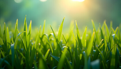 Fototapeta premium Fresh green grass blades bathed in sunlight creating a vibrant spring scene