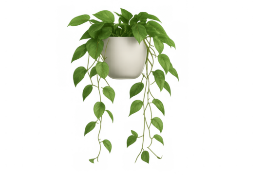 Verdant trailing houseplant hanging from sleek white ceramic container, showcasing lush green foliage against clean transparent backdrop