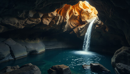 Waterfall Cascading into a Cave Pool with Rock Formations