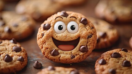 Happy chocolate chip cookie character close-up | stock photo, fun dessert art, food mascot, cheerful snack