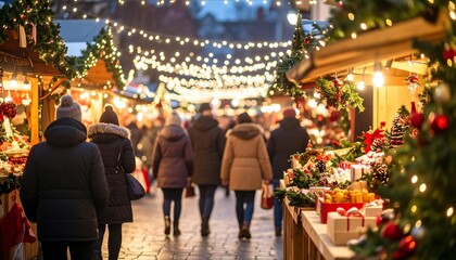 Festive Christmas market at night. People stroll amidst warm lights