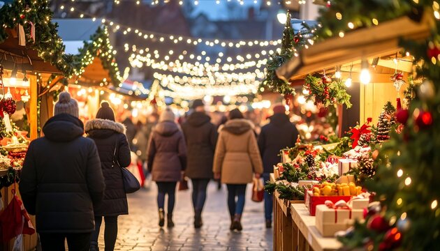 Festive Christmas market at night. People stroll amidst warm lights
