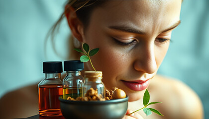 Woman with Essential Oils Nuts and Greenery for Wellness