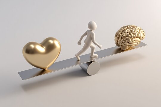 Balancing Heart and Mind, Stick Figure on Seesaw with Gold Heart, Brain