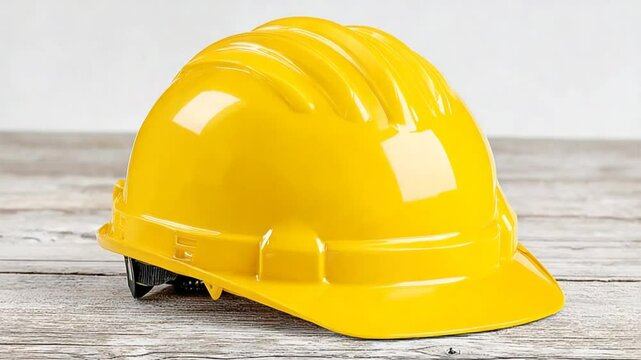 Vibrant Yellow Hard Hat on a Wooden Surface with Neutral Background