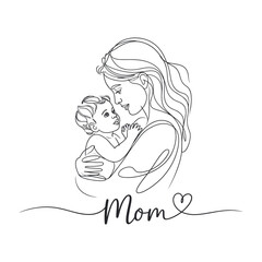 Elegant Line Art Illustration of Mother Holding Her Baby with Mom Script and Heart Perfect for Mother s Day and Family Themed Designs