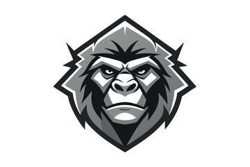 Ferocious gorilla face in gray hues displays intense expression within a bordered shield