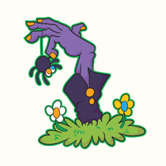 Funny cute zombie hand cartoon rising from grave with playful spooky style perfect for Halloween party invitations apparel prints greeting cards stickers and creative design projects to celebrate Octo