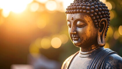 Serene Buddha Statue at Sunset Peaceful Meditation with Spirituality Enlightenment.