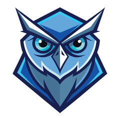 Geometric blue owl head with intense eyes and sharp features stares intently