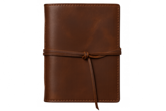 Closed brown leather notebook secured with leather strap, resting on transparent backdrop, perfect for design presentations