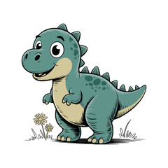 Adorable Cartoon Dinosaur Character Illustration with a Cheerful Expression Standing Near Flowers on a White Background for Children s Designs and Educational Materials