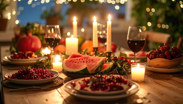 Festive dinner table, candles, fruit, wine - Powered by Adobe