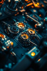 Fototapeta premium Close Up of Complex Robotic Surgical Mechanism with Glowing Orange and Blue Details