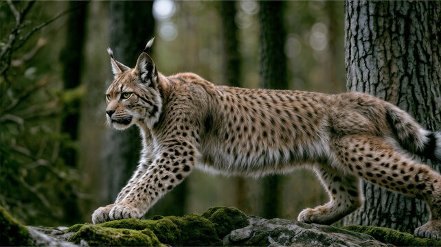 Lince euroasi&aacute;tico joven en la nieve. Un animal asombroso, caminando libremente por una pradera nevada en un d&iacute;a fr&iacute;o. Hermosa toma natural en un entorno original y natural. Un cachorro adorable, pero