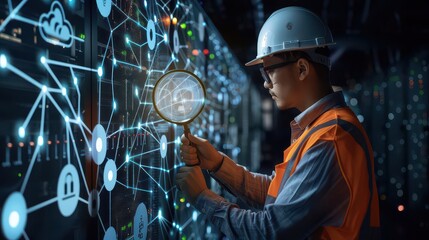 Man with hard hat inspecting server rack with magnifying glass and network diagram overlay in data center