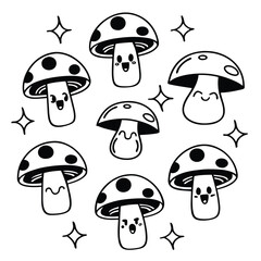 Seven cute kawaii mushrooms with happy faces and stars