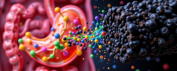 Obraz premium porous activated carbon structure shown capturing toxic substances in stomach, preventing absorption, scientific medical illustration with vibrant colors.