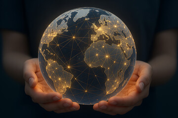 Hands gently holding illuminated transparent globe with glowing data nodes connecting continents representing global digital connection and modern worldwide network system