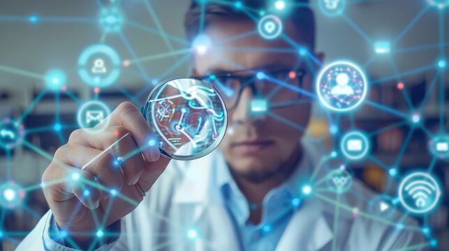 Scientist in lab coat examining digital network with magnifying glass and wearing glasses indoors