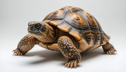 A single Sulcata tortoise on a white background. Large, textured shell and strong legs. Ideal for educational, wildlife, or pet-themed design and content use.