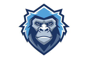 Cartoon gorilla head looks forward sternly framed by light blue shapes on white