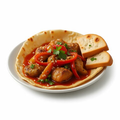 Chicken fajita, chicken fillet fried with bell pepper in lavash with bread slices isolated on white