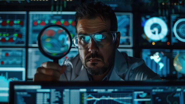 Man analyzing data with magnifying glass in front of multiple computer screens in a dark room