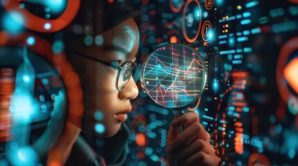 Woman analyzing data with magnifying glass in futuristic digital environment with glowing elements