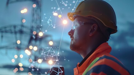 Man in hard hat and safety vest looking at digital network overlay with power lines in the background