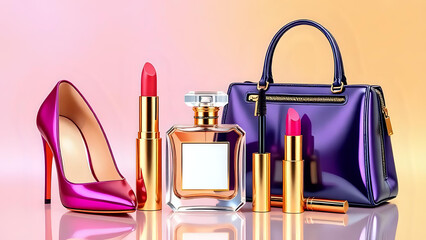 3D clipart of fashion essentials: high heels, lipstick, mascara, perfume bottle, handbag with gold zipper.