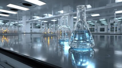 Glass beakers with blue liquid are placed on a reflective laboratory countertop in a modern, well-lit science lab. - Powered by Adobe