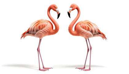 Two pink flamingos standing together against a white background. Graceful birds with long legs and curved necks, ideal for nature, wildlife, or tropical-themed design projects.