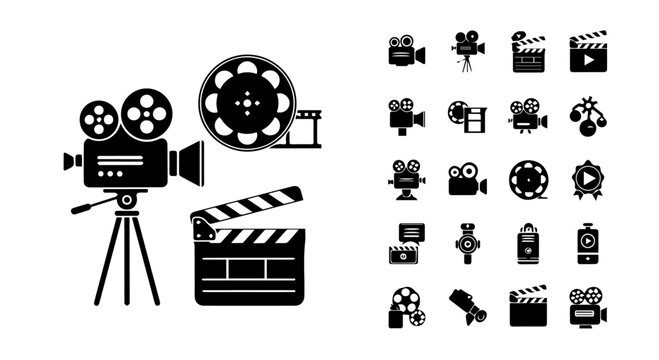 Film industry vector set featuring vintage camera, reel, clapperboard for filmmaking, entertainment, and cinematic productions.