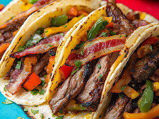 Delicious steak and bacon tacos filled with colorful bell peppers and cilantro