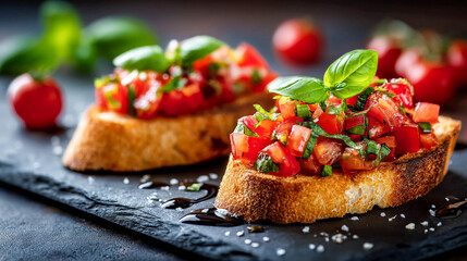 Crispy toasts decorated with fresh cherry tomatoes and basil. A summer dish perfect for a light breakfast or snack.
