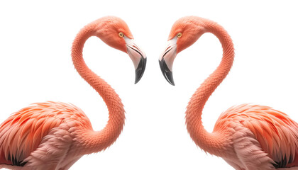 Obraz premium Two pink flamingos standing together against a white background. Graceful birds with long legs and curved necks, ideal for nature, wildlife, or tropical-themed design projects.